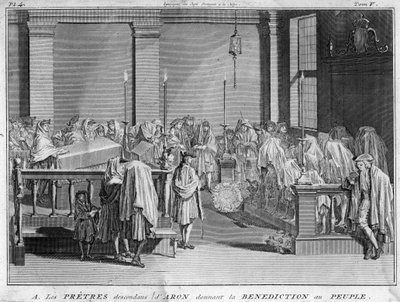 Ypperstepresten i Israel som tilhører de jødiske prestefamiliene som sporer sin farslinje tilbake til Aron gir sin velsignelse til det jødiske folket Gravering fra "" Illustration de ceremonies et customs religieuses de tous les peuples du monde"" av B av Bernard Picart