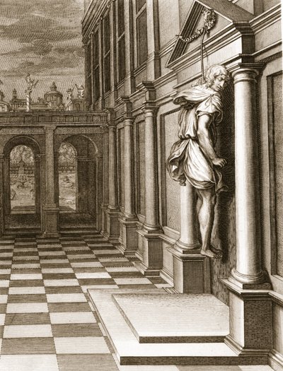 Iphis henger seg i fortvilelse over at han ikke kunne få Anaxarete, 1731 av Bernard Picart