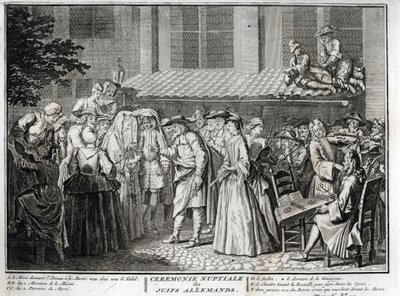 Jødisk bryllup i det jødiske tyske samfunnet Gravering fra "" Illustration de ceremonies et customs religieuses de les peuples du monde" av Bernard Picart (1723-1743) 1819 Privat samling av Bernard Picart