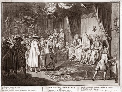 Jødisk bryllup i det jødiske portugisiske samfunnet Gravering fra "" Illustrasjon av seremonier og religiøse skikker til alle verdens folk"" av Bernard Picart (1723-1743) 1819 Privat samling av Bernard Picart