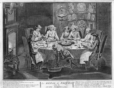 Jødedom: Påskefest (eller påske) i det jødiske portugisiske samfunnet Gravering fra "" Illustration de ceremonies et customs religieuses de tous les peuples du monde"" av Bernard Picart (1723-1743) 1819 Privat samling av Bernard Picart