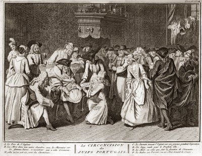 Jødedom: omskjæringsseremoni i det jødiske portugisiske samfunnet Gravering fra "" Illustrasjon av religiøse seremonier og skikker til alle verdens folk"" av Bernard Picart (1723-1743) 1819 Privat samling av Bernard Picart