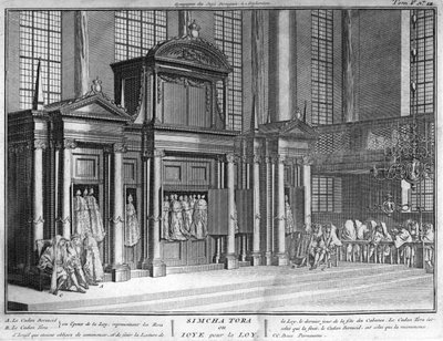 Jødedom: la fete de Sim'hat (simcha) Torah) (jødisk fest for Simchat Torah) Gravering fra "" Illustrasjon av religiøse seremonier og skikker til alle verdens folk"" av Bernard Picart (1723-1743) 1819 Privat samling av Bernard Picart