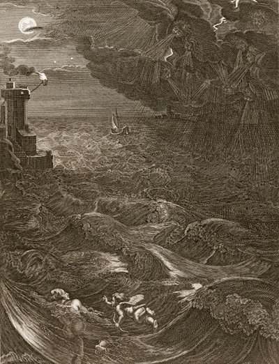 Leander svømmer over Hellespont for å møte sin elskerinnehelt, 1730 av Bernard Picart