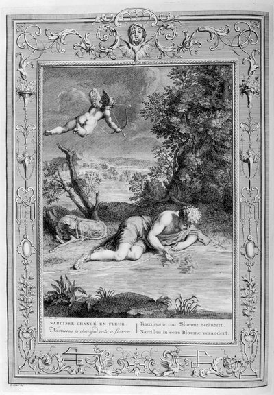 Narcissus forelsket i sin egen refleksjon, 1733 av Bernard Picart