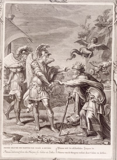 Phineus er levert fra harpiene av Calais og Zethes, 1731 av Bernard Picart