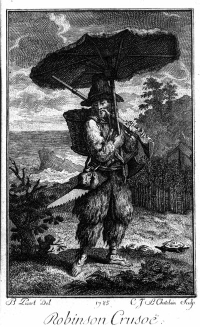 Representasjon av Robinson Crusoe på ørkenen hans. Gravering av Bernard Picart (1673-1733) som illustrerer romanen av Daniel Defoe eller De Foe (1660-1731) av Bernard Picart