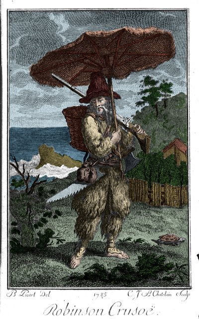 Representasjon av Robinson Crusoe på ørkenen hans. Gravering av Bernard Picart (1673-1733) som illustrerer romanen av Daniel Defoe eller De Foe (1660-1731) av Bernard Picart