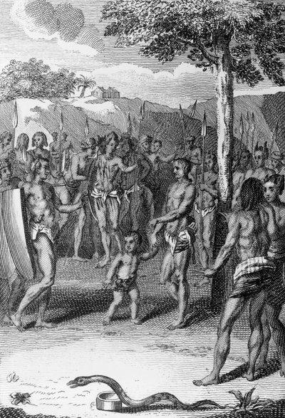 Rituell seremoni, med slange i forgrunnen, Guinea, fra Histoire Generale des Ceremonies, moeurs, et coutumes religiousness de tous les peoples du monde, av Antoine Banier (1673-1741) og Jean Baptiste Le Mascrier (1697-1760) av Bernard Picart