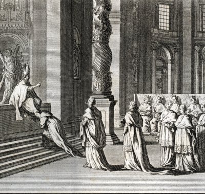 Høytidelig innvielse av paveskapet "" Tilbedelse av paven på St. Peters store alter, Vatikanet"" (pavelig innvielse: Tilbedelse av paven over St. Peters store alter) Gravering fra "" Illustrasjon av religiøse seremonier og skikker av en av Bernard Picart