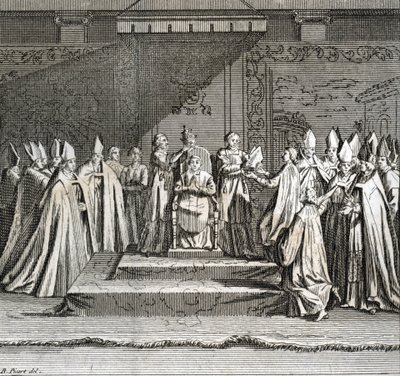 Høytidelig innvielse av pontificatet "" Representation du coronation du pope"" (pavelig innsettelse: kroningen av paven) Gravering fra "" Illustrasjon av seremonier og religiøse skikker til alle verdens folkeslag"" av Bernard Picart (1723-1743) av Bernard Picart