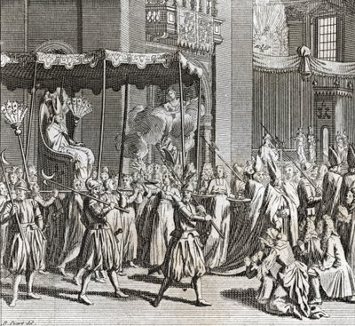 Høytidelig innvielse av pontifikatet: brenning av et tøy) Gravering fra "Illustration de ceremonies et customs religieuses de tous les peuples du monde" av Bernard Picart (1723-1743) 1819 Privat samling av Bernard Picart