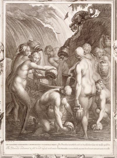 Danaidene dømt til å fylle kjedede fartøy med vann, 1730 av Bernard Picart