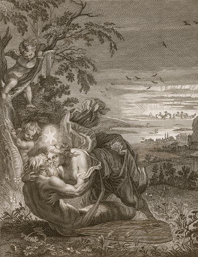 Tithonus, Auroras ektemann, forvandlet til en gresshoppe, 1731 av Bernard Picart