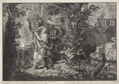 Hevnens gudinner oppfordrer Althaea til å brenne Meleagers tømmerstokk History of Meleager (serietittel) av Bernard Picart