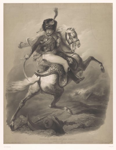 Overfallsbetjent til hest Le chasseur de la garde (tittel på objekt) Nye litografier med to typer kritt (serietittel) Nouveaux grupperer aux deux fargestifter (serietittel på objekt) av Bernard Romain Julien