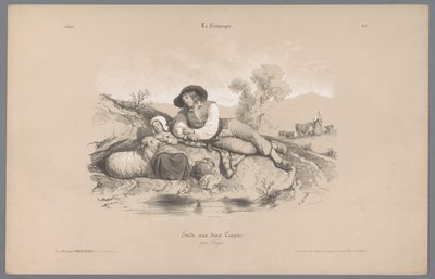 Gjeter med jente ved et basseng Skildringer av livet på landet (serietittel) La kampanjen. Etudes varieés aux deux Crayons (serietittel på objekt) av Bernard Romain Julien