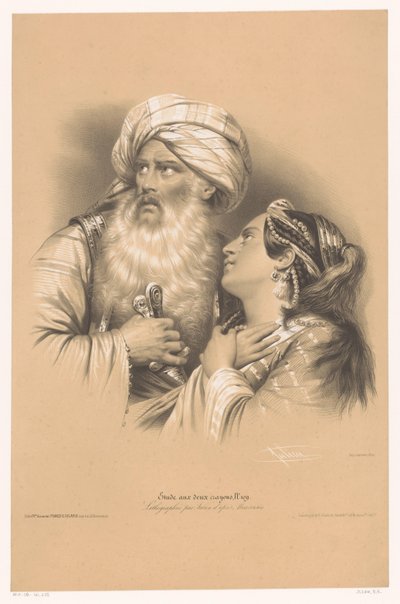 Mann med turban og gråtende kvinne Studier i to typer kritt (serietittel) Etude aux deux Crayons (serietittel på objekt) av Bernard Romain Julien