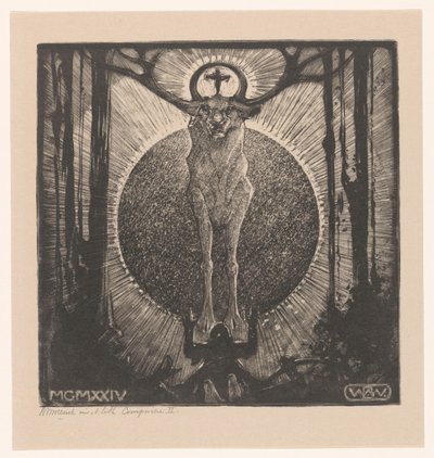 Knælende figur foran utseendet til en hjort The Vision of St. Hubertus (Komposisjon II) (originaltittel) av Bernard Willem Wierink (signed by artist)