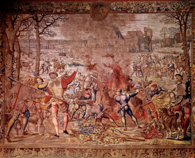 Jaktene til Maximilien kalt "Beautiful hunts of Guise": januar måned, Aquarius, villsvinjakt, flambee, kure - Tapet laget i de flamske verkstedene av Bernard van Orley (Barend, Barent, Bernaert van Brussel av Bernard van (after) Orley