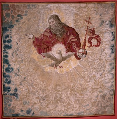flamsk billedvev. Serien Dais of Charles V (Baldachin of Margaret of Austria). Gud Faderen og Den Hellige Ånd (El Padre Eterno y el Espíritu Santo). Billedteppe baldakin av podiet. Modell Bernard van Orley (1491-1542). Produksjon Pieter de Pannemaker, av Bernard van Orley