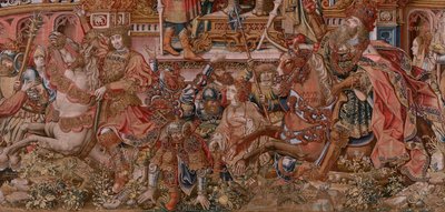 flamsk billedvev. Serien The Honours. Berømmelse (La Fama). Tredje billedvev i serien. Modelltegnere fra kretsen til Bernard van Orley og Jan Gossaert (Mabuse). Produksjon Pieter van Aelst, Brussel. Ca 1550. Stoff Gull, sølv, silke og ull. av Bernard van Orley