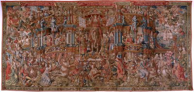 flamsk billedvev. Serien The Honours. Berømmelse (La Fama). Tredje billedvev i serien. Modelltegnere fra kretsen til Bernard van Orley og Jan Gossaert (Mabuse). Produksjon Pieter van Aelst, Brussel. Ca 1550. Stoff Gull, sølv, silke og ull. av Bernard van Orley