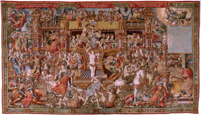 flamsk billedvev. Serien The Honours. Infamy (La Infamia). Sjette billedvev i serien. Modelltegnere fra kretsen til Bernard van Orley og Jan Gossaert (Mabuse). Produksjon Pieter van Aelst, Brussel. Ca 1550. Stoff Gull, sølv, silke og ull. av Bernard van Orley
