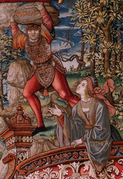 flamsk billedvev. Serien The Honours. Rettferdighet (La Justicia, Los Honores). Niende billedvev i serien. Modelltegnere fra kretsen til Bernard van Orley og Jan Gossaert (Mabuse). Produksjon Pieter van Aelst, Brussel. Ca 1550. Stoff Gull, sølv, av Bernard van Orley