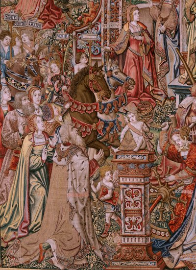 flamsk billedvev. Serien The Honours; Prudence (La Prudencia). Syvende billedvev i serien. Modelltegnere fra kretsen til Bernard van Orley og Jan Gossaert (Mabuse). Produksjon Pieter van Aelst, Brussel. Ca 1550. Stoff Gull, sølv, silke og w av Bernard van Orley