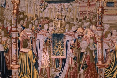 flamsk billedvev. Serie The Legend of the Madonna of the Sablon (The Legend of Our Lady of the Sablon). Ankomsten av statuen av Madonna. Produksjon av Brussel. Tegneserieskaper Barend van Orley av Bernard van Orley