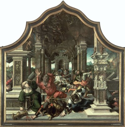 Ødeleggelsen av Jobs hus, sentralpanelet i Triptych of the Virtue of Patience, 1521 av Bernard van Orley