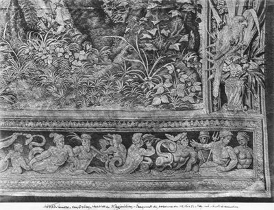 The Hunts of Maximilian, Gemini, The Stag Hunt, the Assembly, Gobelins Factory detalj av grensen se også 70347 billedvev bw foto av Bernard van Orley