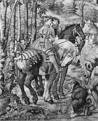 The Hunts of Maximilian, Leo, The Stag Hunt, the Report, Gobelins Factory (teppe) av Bernard van Orley
