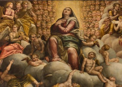 Apse, altertavle av Bernardino Gatti kalt Il Sojaro fullført av Giovanni Battista Trotti kalt IL Malosso, Jomfruens himmelfart av Bernardino Gatti