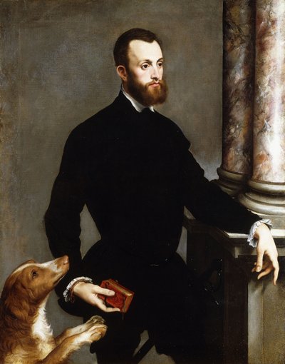 Portrett av en gentleman, stående trekvart lengde, iført et svart kostyme og holder en bok, av Bernardino Campi