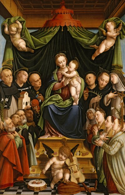 Madonna og barn tronet med hellige og givere av Bernardino Lanino