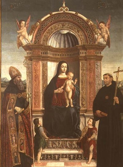 Madonna og barn med St. Nicholas av Tolentino og St. Augustine av Bernardino Loschi