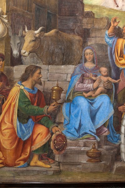 Detalj av tilbedelsen av de tre vise menn, prestekontoret eller hovedkapellet (fresco) av Bernardino Luini