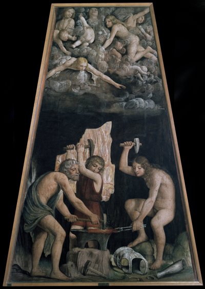 Guddommelige våpen smidd i vulkanens smie foran noen engler som ligger i skyene, Detalj (Fresco av Bernardino Luini