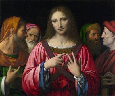 ""Kristus og lovens doktorer"" Maleri av Bernardino Luini (1481-1532), ca. 1515-1530 Dim 72,4x85,7 cm London, Nasjonalgalleriet - Luini, Bernardino (ca. 1480-1532) Kristus blant legene Olje på tre c. 1520 National Gallery, London 72,4x85,7 av Bernardino Luini