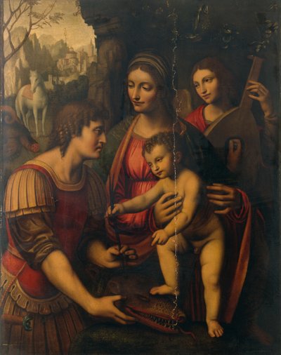 Madonna og barn med Saint George og en engel (olje på panel) av Bernardino Luini