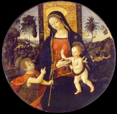 Jomfru og barn med døperen Johannes som gutt, 1490-1500 av Bernardino Pinturicchio