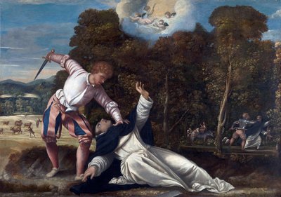 Døden til St. Peter av Verona - Maleri tilskrevet Bernardino da Asola (aktiv 1525-1550), olje på lerret (102x144,8 cm), ca. 1540 - (The Death of Saint Peter Martyr, Olje på lerret av Bernardino da Asola av Bernardino da Asola