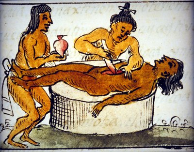 Menneskeofring: rituelle offer blant aztekerne. Fra et manuskript av Bernardino de Sahagun av Bernardino de Sahagun