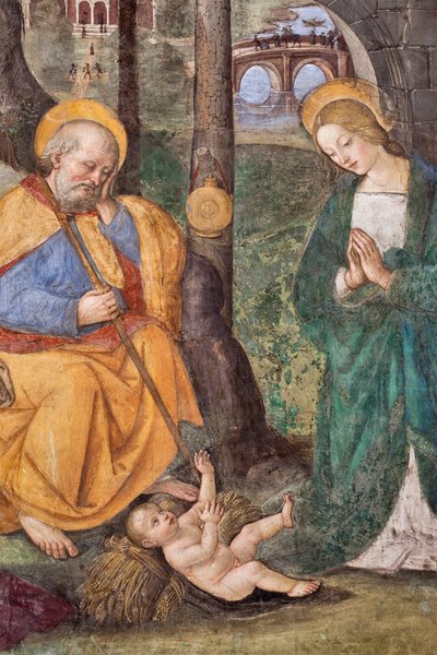Tilbedelse av hyrdene (tilbedelse av hyrdene) Detaljfresco av Pinturicchio (Bernardino di Betto) (1454-1513) 1484-1492 (kirken Santa Maria del Popolo), basilikaen Santa Maria del Popolo, Cappella Basso della Rovere Roma Italia av Bernardino di Betto Pinturicchio