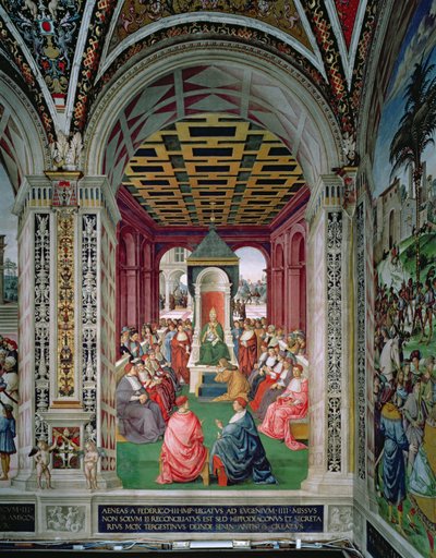 Aeneas Sylvius Piccolomini (1405-64) underkaster seg pave Eugene IV (1383-1447) 7. februar av Bernardino di Betto Pinturicchio
