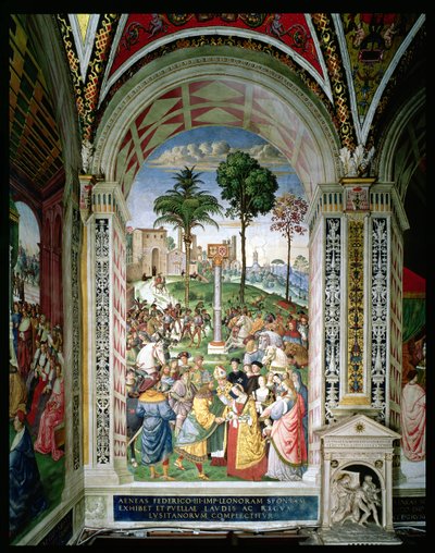 Aeneas Sylvius Piccolomini (1405-64) presenterer Eleonora av Aragon til Frederick III (1415-93) 24. februar 1452 (fresco) av Bernardino di Betto Pinturicchio