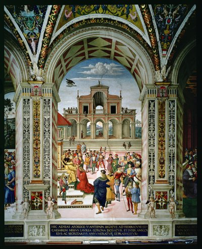 Aeneas Sylvius Piccolomini (1405-64) er kronet poetprisvinner av Frederick III (1415-93) i 1442 av Bernardino di Betto Pinturicchio