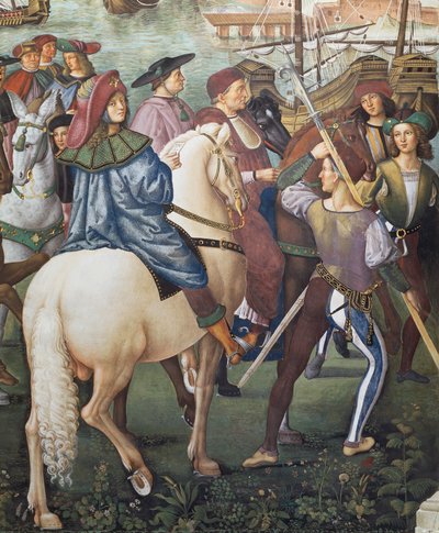 Enea Silvio Piccolomini drar til Basel i egenskap av sekretær for biskopen av Ferrara, detalj fra historiene til Pius II av Bernardino di Betto Pinturicchio